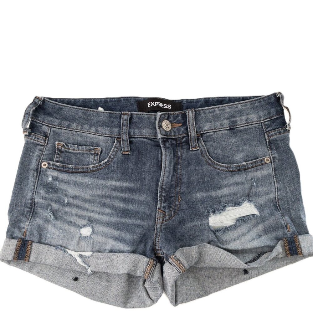 Express Stretch Performance Distressed Denim Shortie Relaxed Low Rise  SZ 4